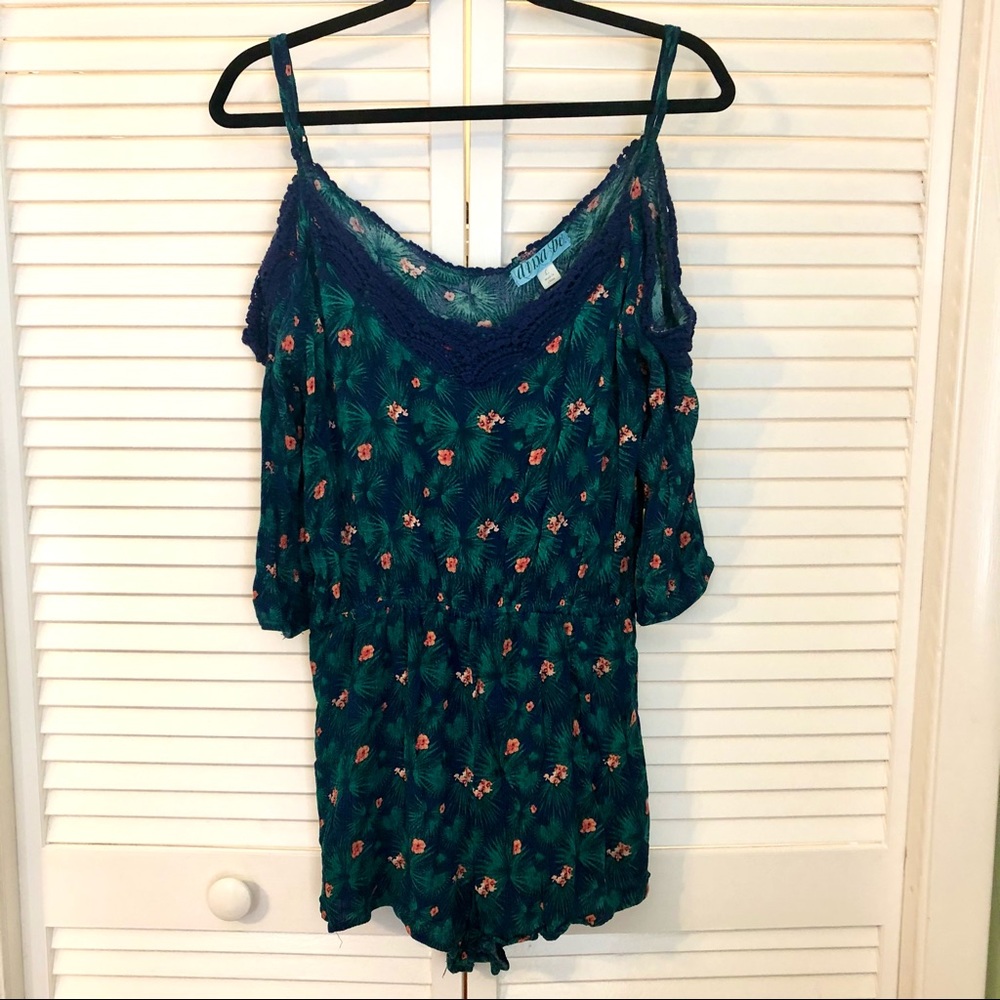 floral tropical romper with cutout shoulders